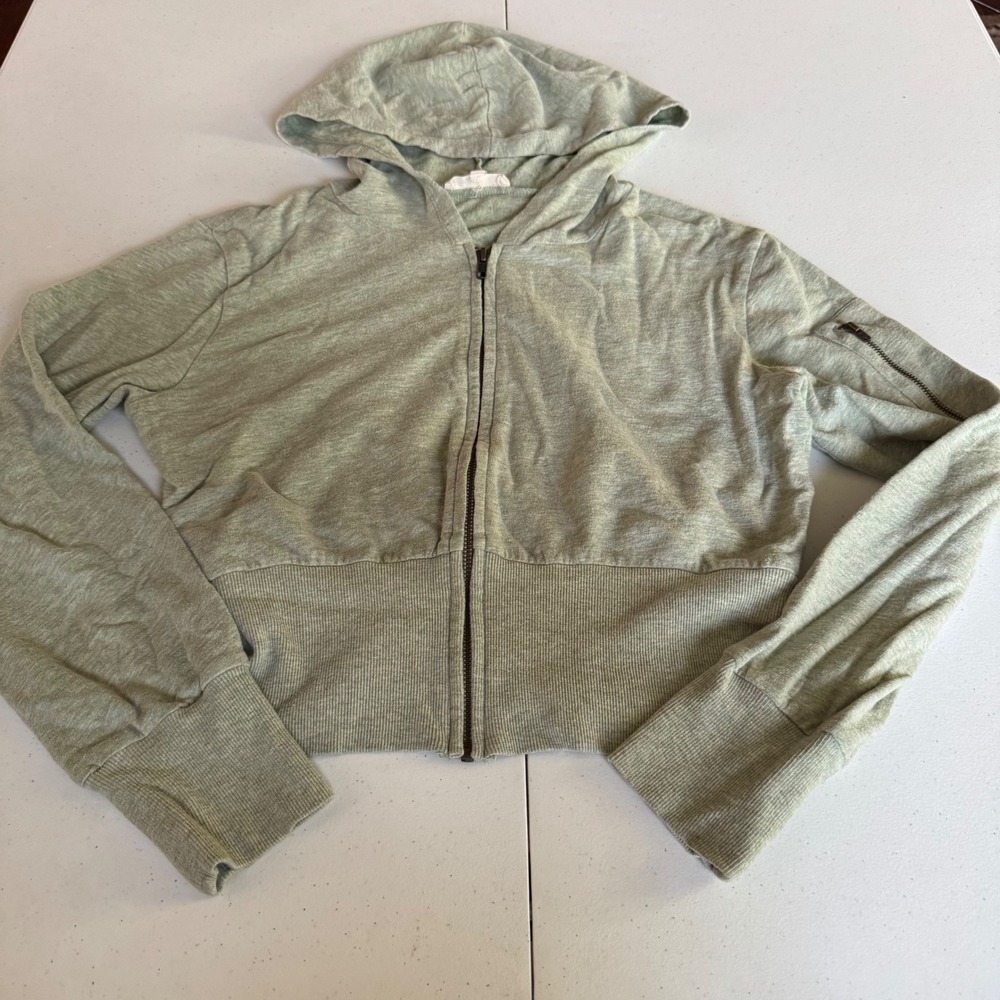 Organic Cotton Crop Hoodie Sage Green Full Zip Sweatshirt Women Medium Synergy